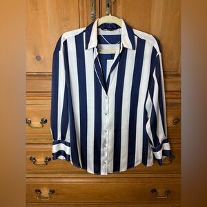 Zara Navy and White Silky Striped Button Down Shirt